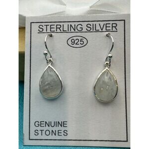 Sterling Silver 925 Rainbow Moonstone Teardrop Dangle Earrings Genuine Stone